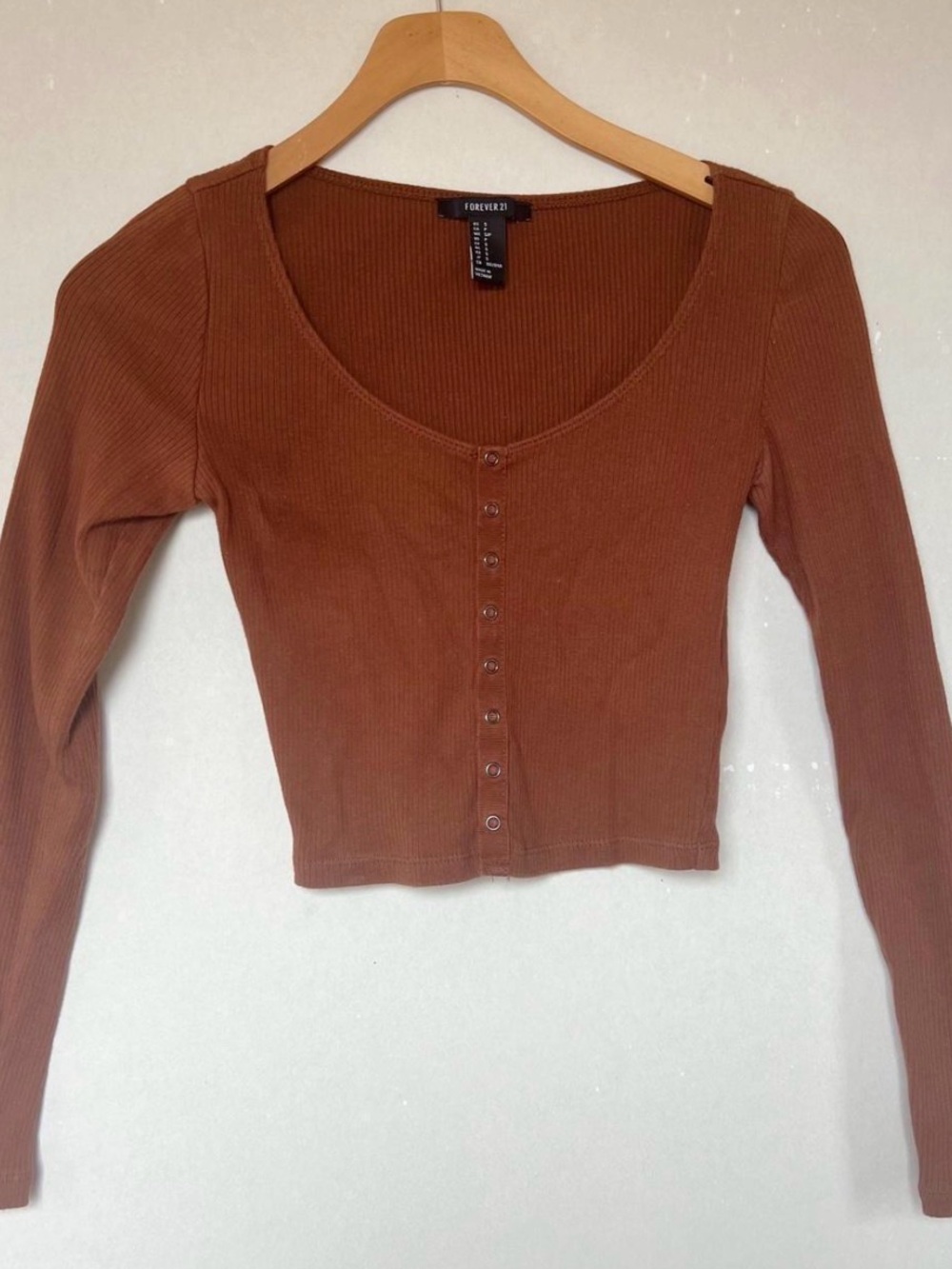 Forever 21 Rust Ribbed Button-Front Cropped Long Sleeve Top